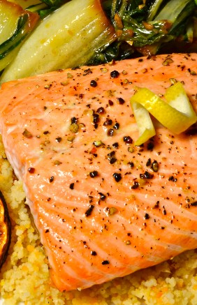 Baked Salmon with Lemon over Couscous with Asian Bok Choy