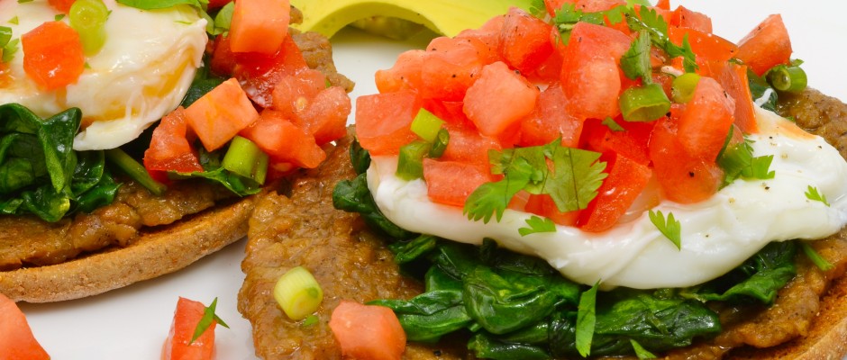 Poached Eggs on Veggie Sausage with Spinach and Tomato Cilantro Salsa