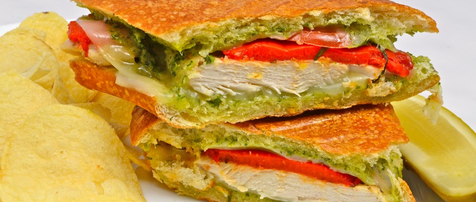 Chicken with Pesto and Roasted Peppers Panini