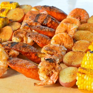 Shrimp, Andouille Sausage, Red Skin Potatoes and Corn on Skewers with a Cajun Rub