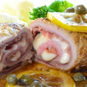 Veal Cutlet Rolled with Prosciutto and Mozzarella in a Piccata Sauce
