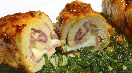Chicken Breasts Rolled with Prosciutto, Gouda and Sage